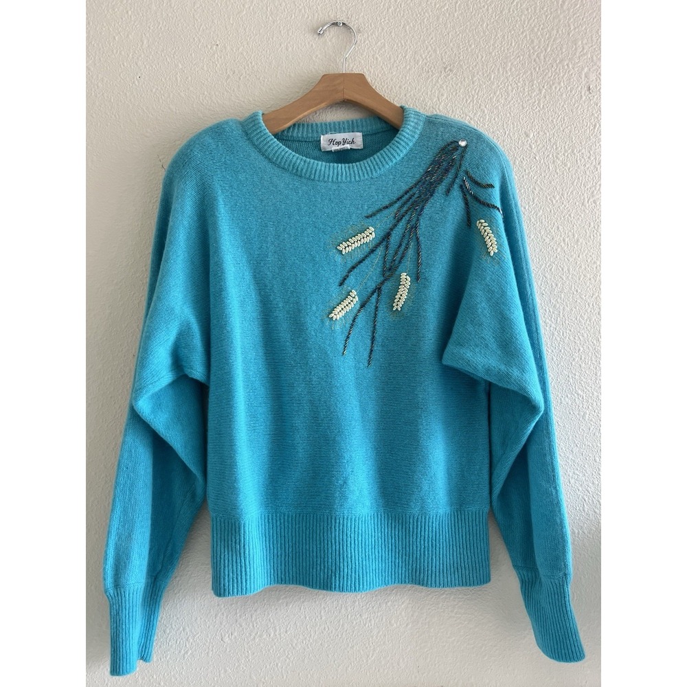 Vintage Hop Yick Angora Lambswool Beaded Sweater Small Oversized Aqua Preppy Art